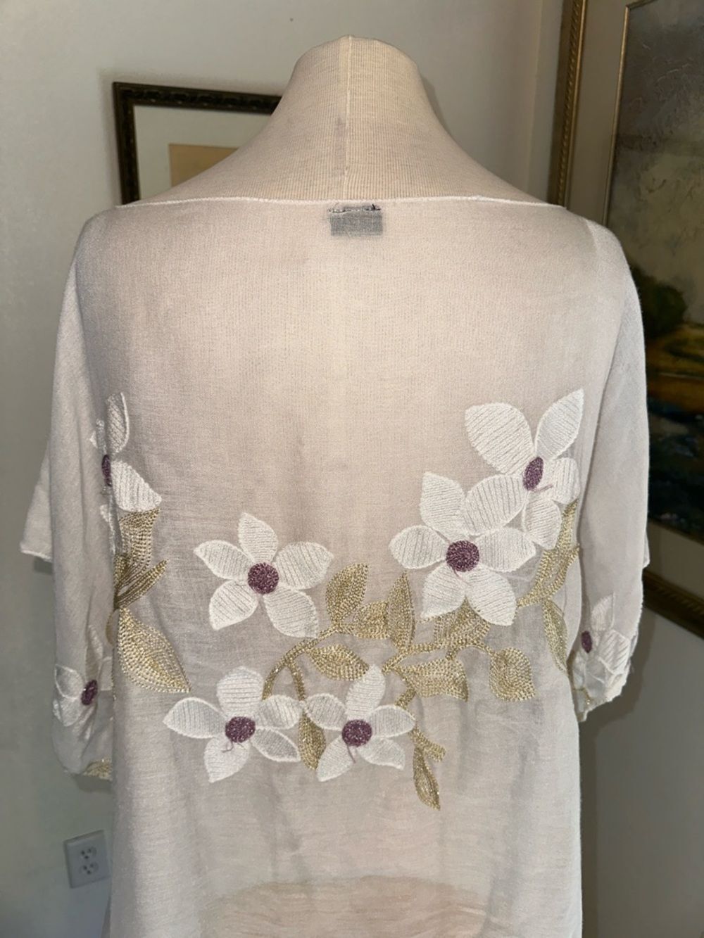 LVS COLLECTIONS Sheer Floral Embroidered Kimono Cover-Up Cream/White O/S - Picture 10 of 11